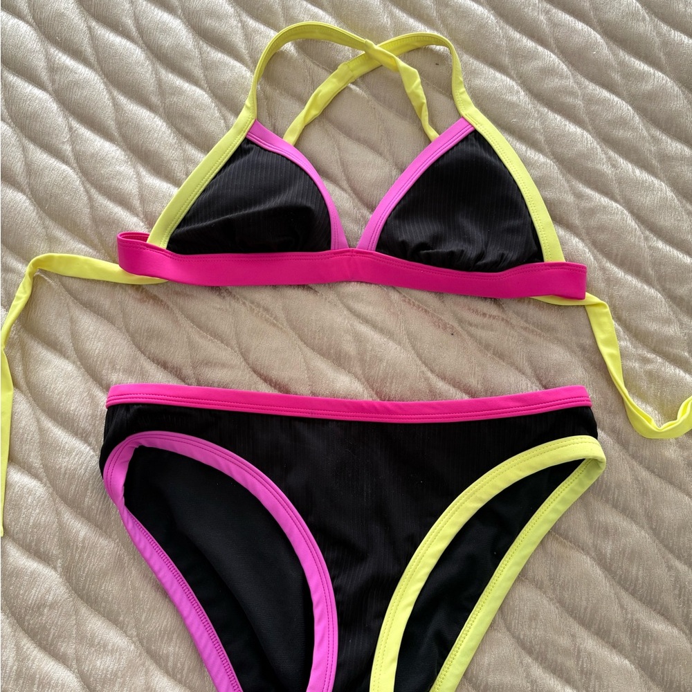 Salt + Cove Black Bikini with Pink/Yellow Trim